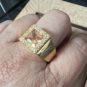 Men’s Gold Tone Square CZ Ring Amber Color Stone Sizes 13 & 12.75